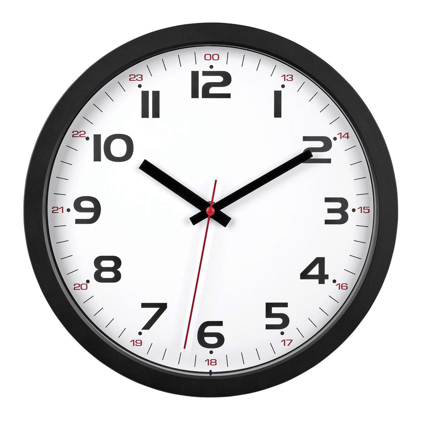 Analogue clock with black frame and white dial displaying 12- and 24-hour time in bold numbers. Features red second hand.