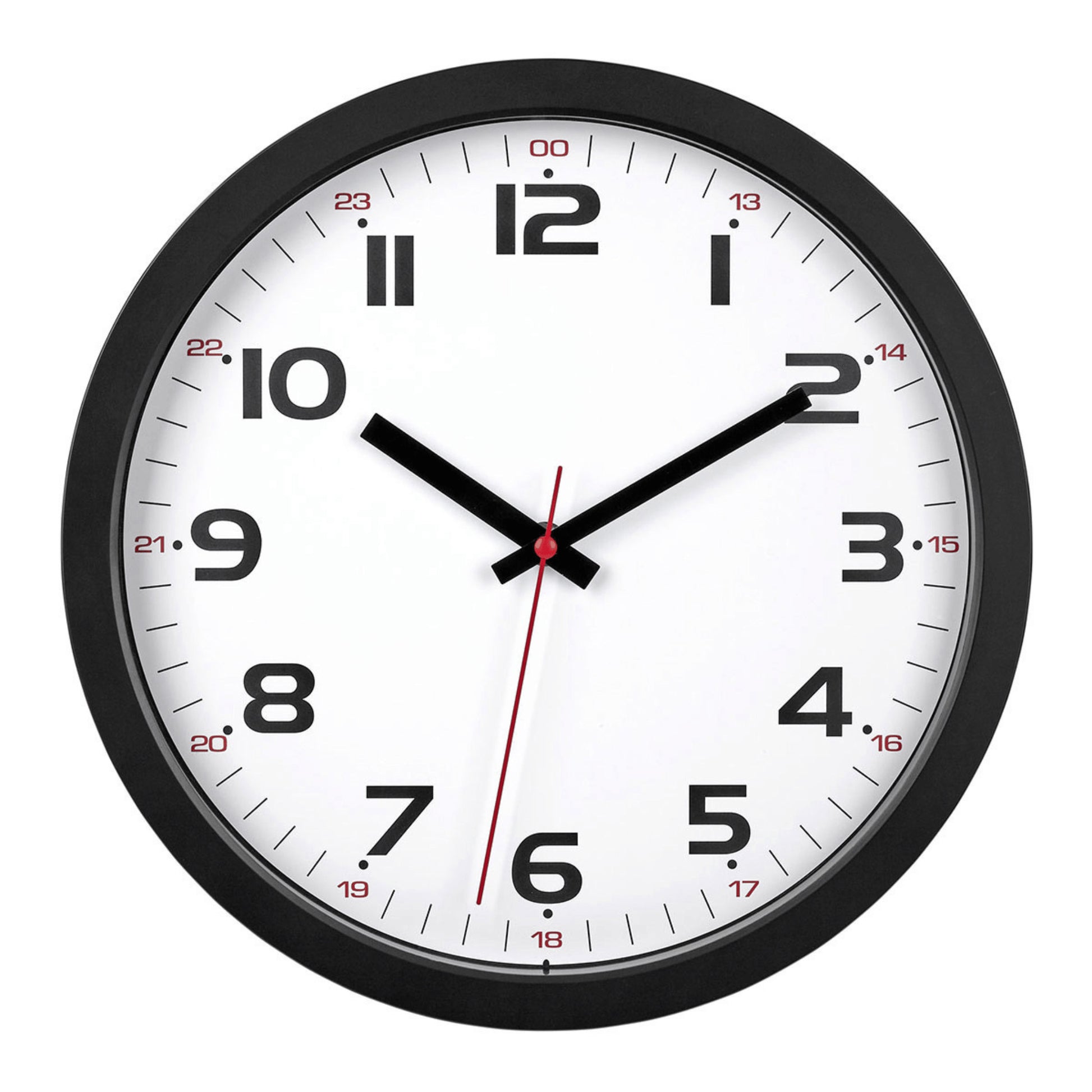 Analogue clock with black frame and white dial displaying 12- and 24-hour time in bold numbers. Features red second hand.