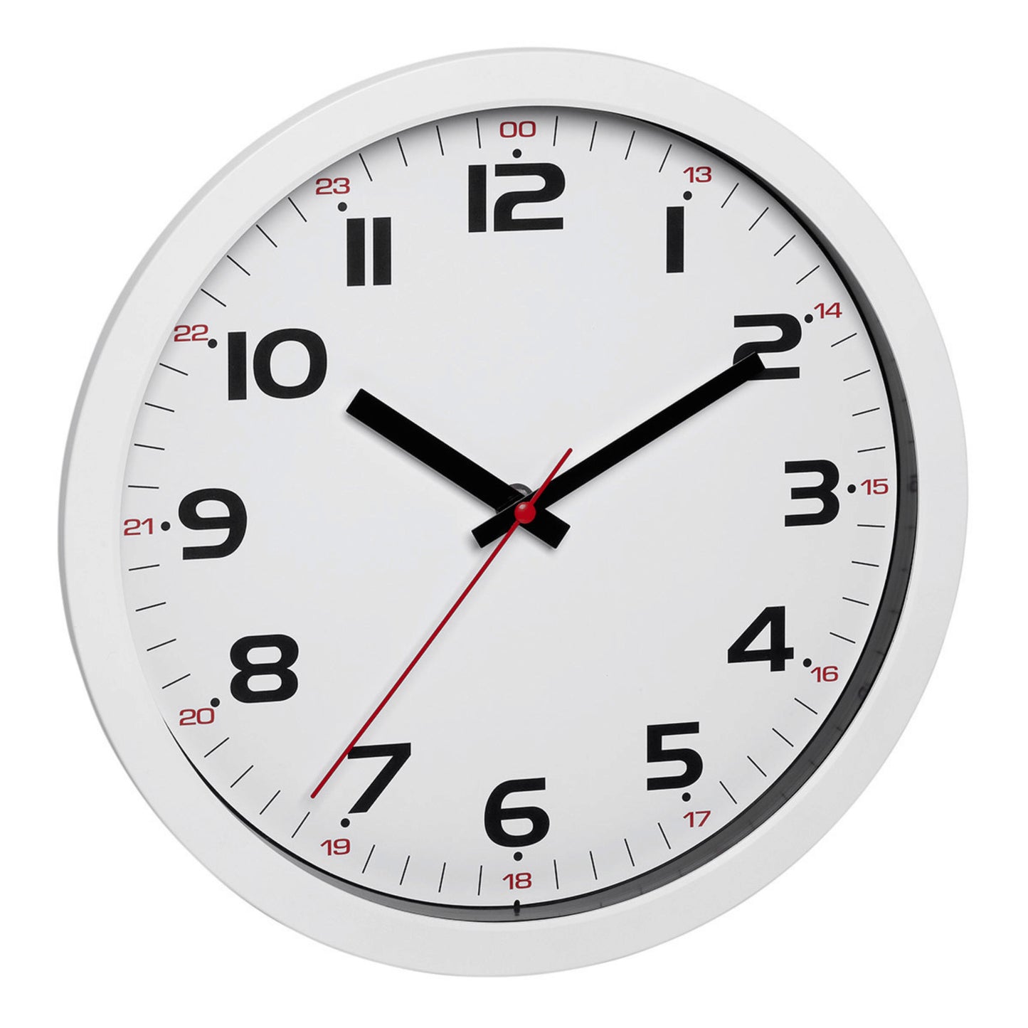 Analogue clock with white frame and white dial displaying 12- and 24-hour time in bold numbers. Featured red second hand.